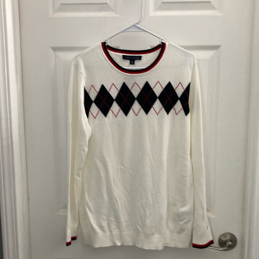 Tommy Hilfiger Blue and White Crew Neck Sweater